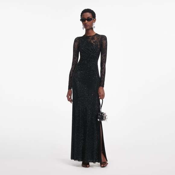 BLACK RHINESTONE LACE SLEEVES MAXI DRESS $ 1050 NEW - Picture 4 of 5
